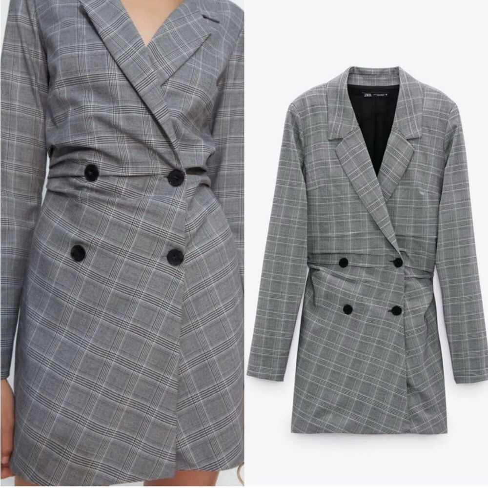 ZARA WOMEN XS GLEN PLAID GRAY MINI BLAZER DRESS LAPEL COLLAR DOUBLE BREASTED